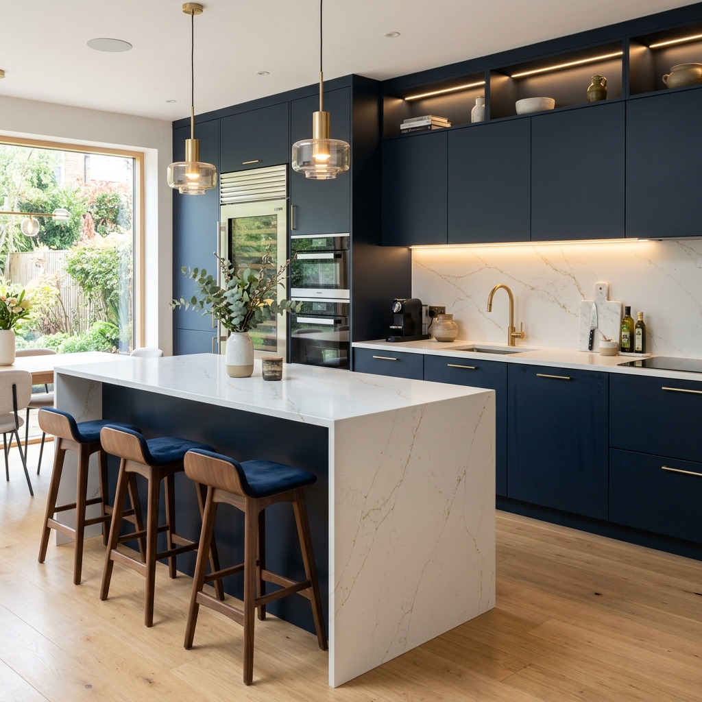 Modern luxury kitchen with custom dark blue cabinets and white quartz countertops